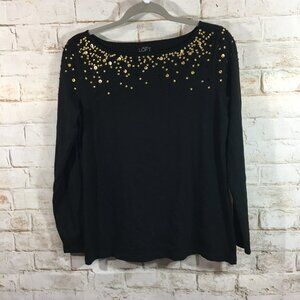 LOFT Womens Large Tee Blouse Black Beaded Long Sleeve Crew Neck Top Casual